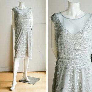 Adrianna Papell Designer Cocktail Silver Sequin Beaded NYE Dress